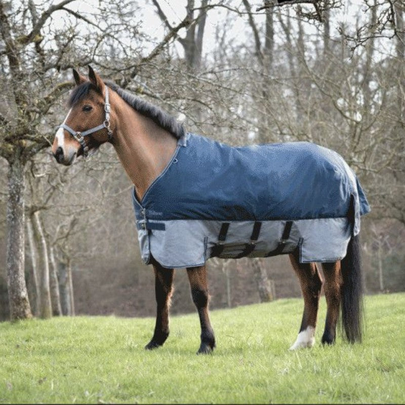 Equithème - Couverture d'extérieur Tyrex "Belly Belt" 600D marine/gris 0g | - Ohlala