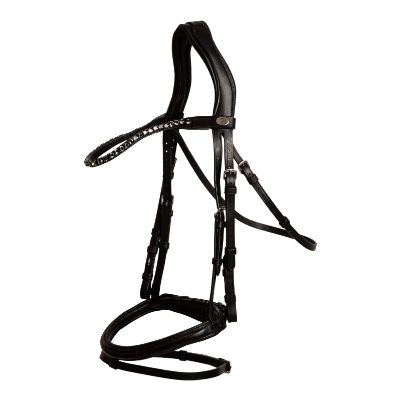 Dyon - Bridon muserolle combinée Medium avec frontal à cristaux noir | - Ohlala