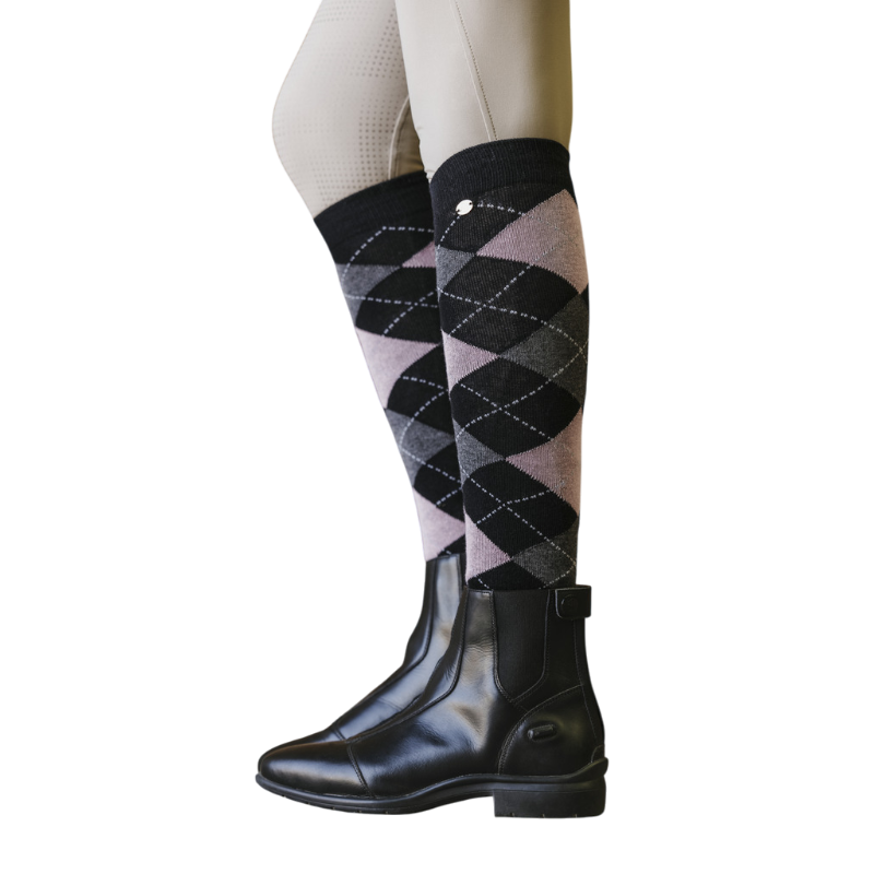 Equithème - Chaussettes d'équitation Argyle noir/ vieux rose | - Ohlala