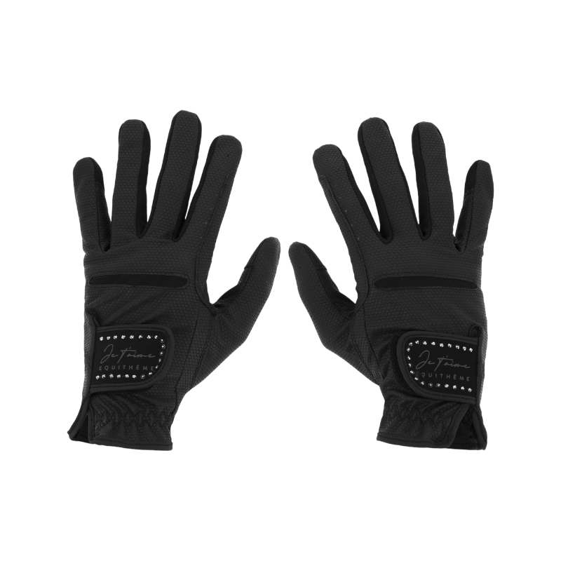Equithème - Gants d'équitation Je t'aime Strass noir | - Ohlala