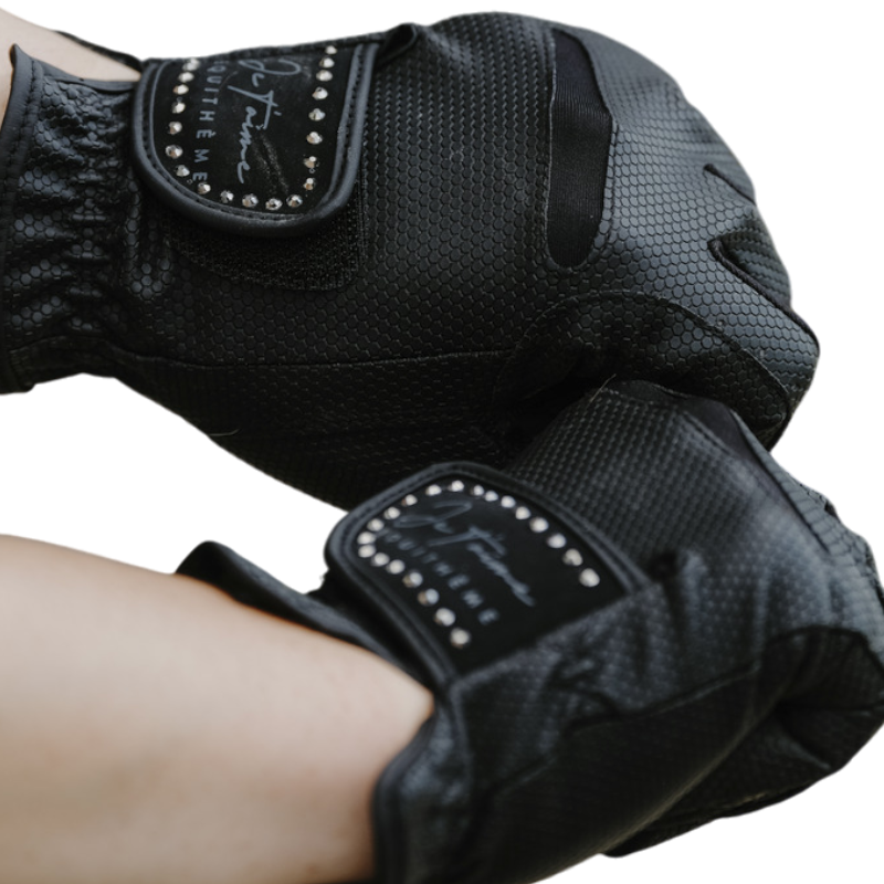 Equithème - Gants d'équitation Je t'aime Strass noir | - Ohlala