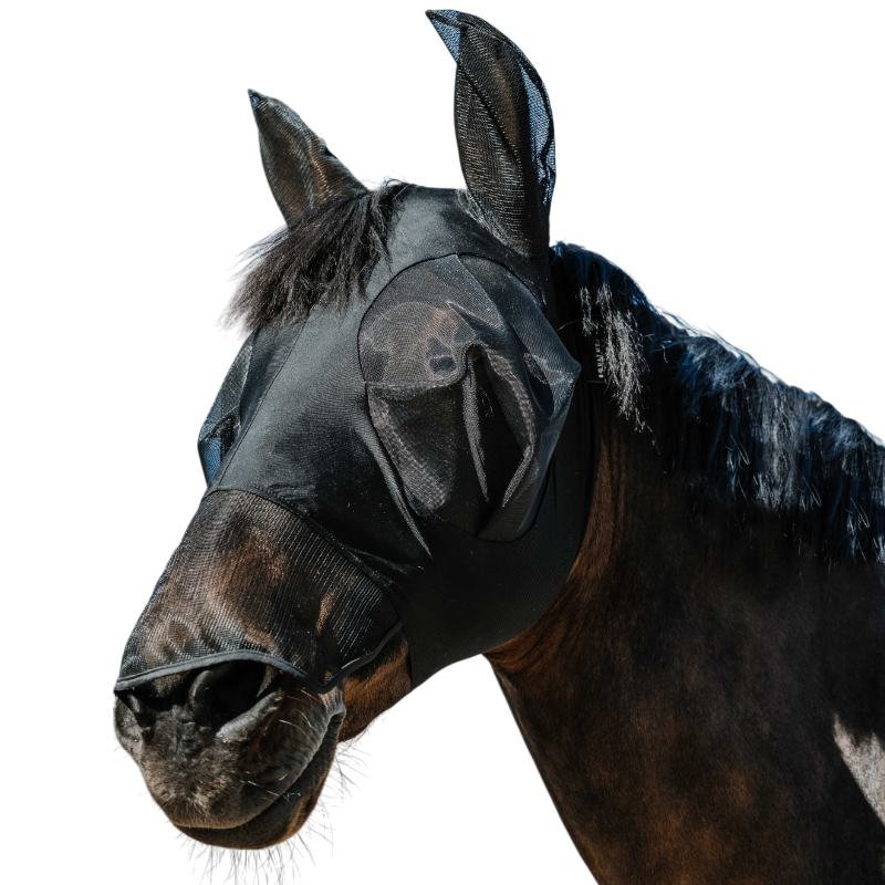 Equithème - Masque anti-mouches et UV Lycra avec oreilles et nez noir | - Ohlala