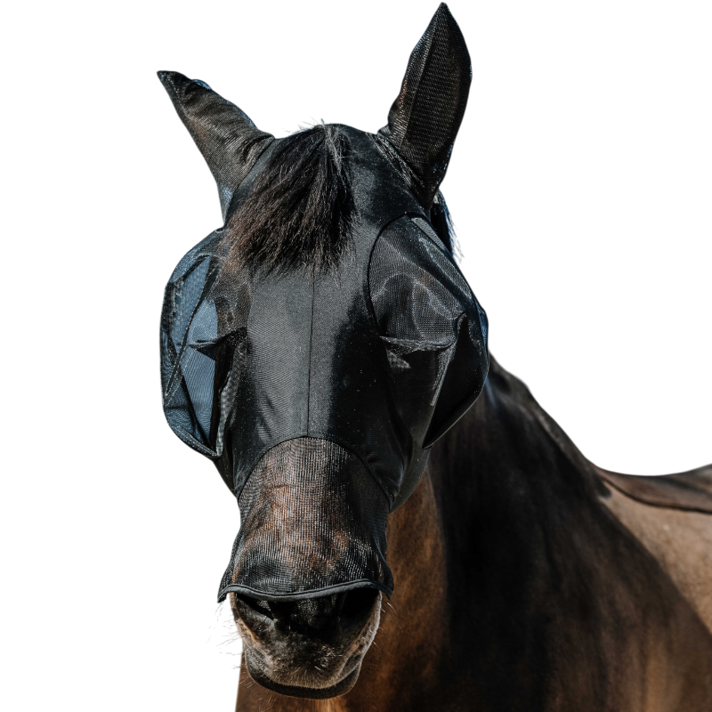 Equithème - Masque anti-mouches et UV Lycra avec oreilles et nez noir | - Ohlala