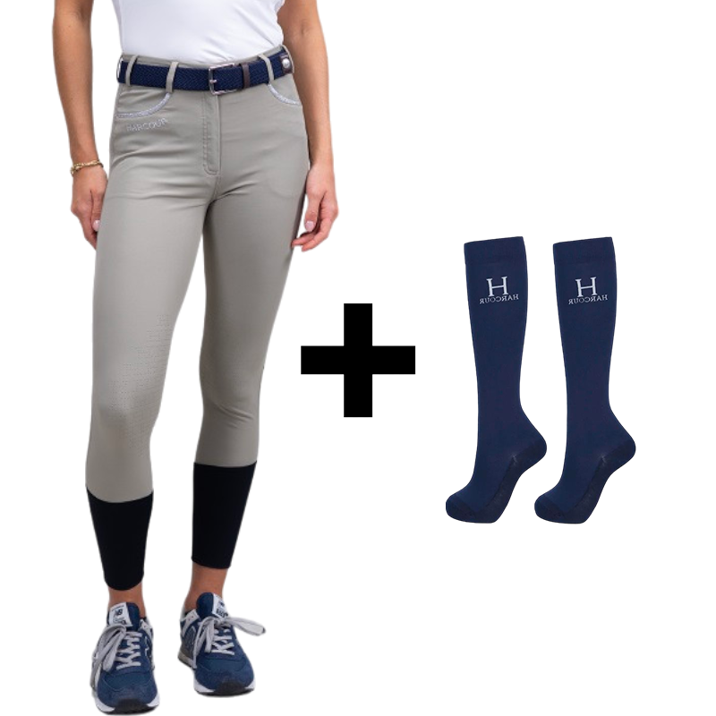 Harcour - Pack pantalon d'équitation femme Jaltika beige + chaussettes d'équitation Hickstead marine | - Ohlala