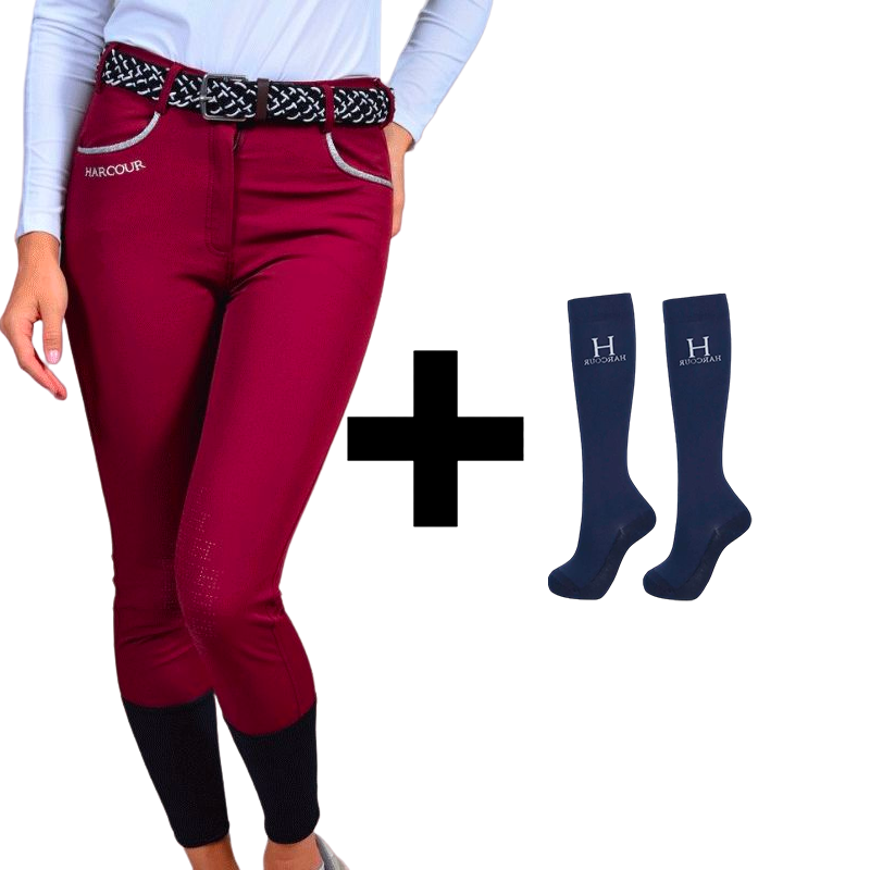 Harcour - Pack pantalon d'équitation femme Jaltika bordeaux + chaussettes d'équitation Hickstead marine | - Ohlala