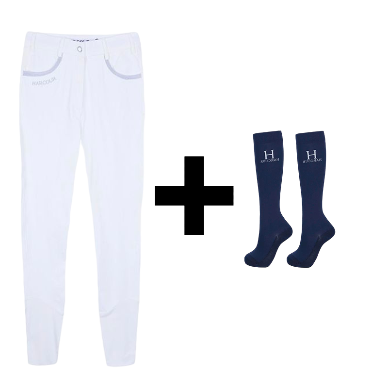 Harcour - Pack pantalon d'équitation femme Jaltika blanc + chaussettes d'équitation Hickstead marine | - Ohlala