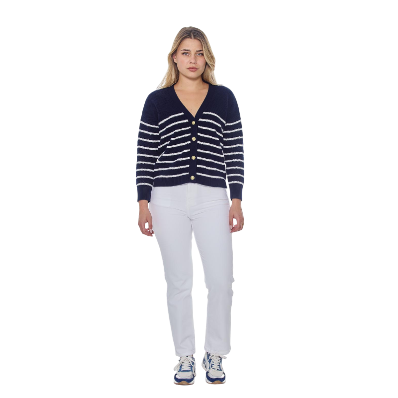 Harcour - Cardigan manches longues femme Camelia marine/ blanc | - Ohlala
