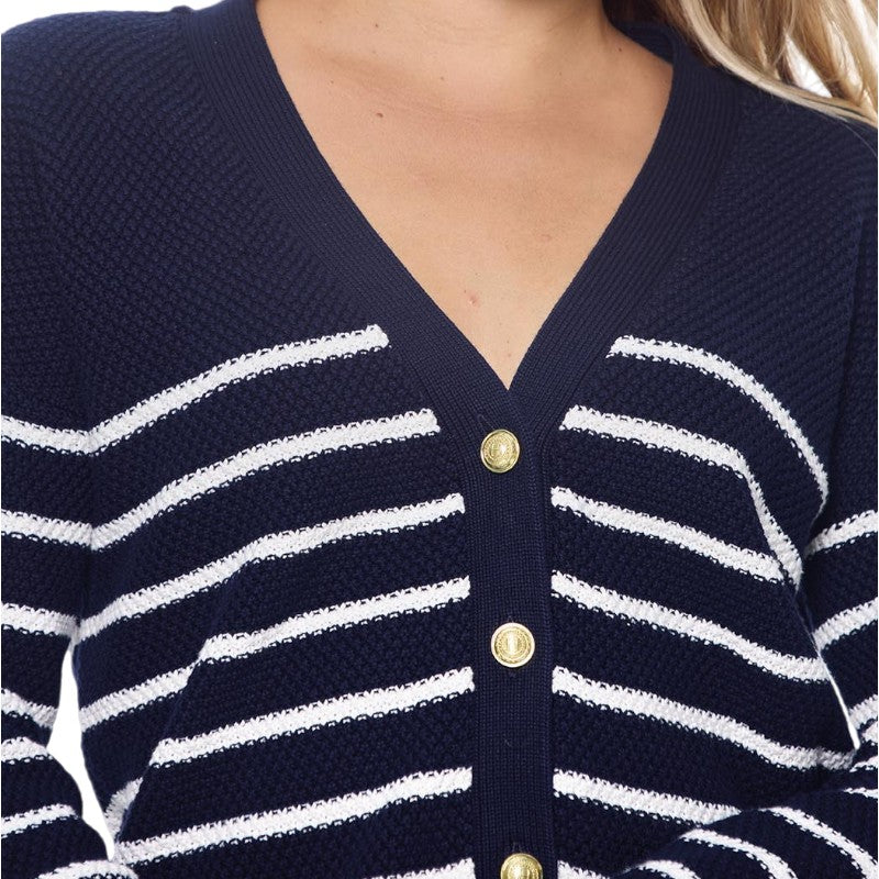 Harcour - Cardigan manches longues femme Camelia marine/ blanc | - Ohlala