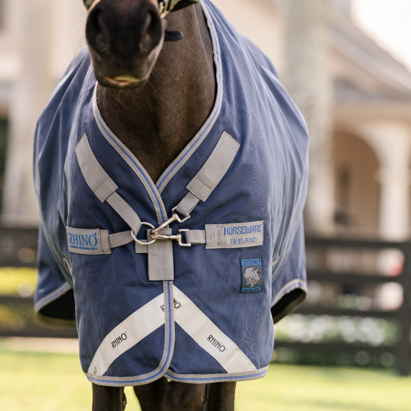 Horseware - Couverture d'extérieur Rhino Pony Turnout marine/ titanium grey/ classic blue 100g | - Ohlala