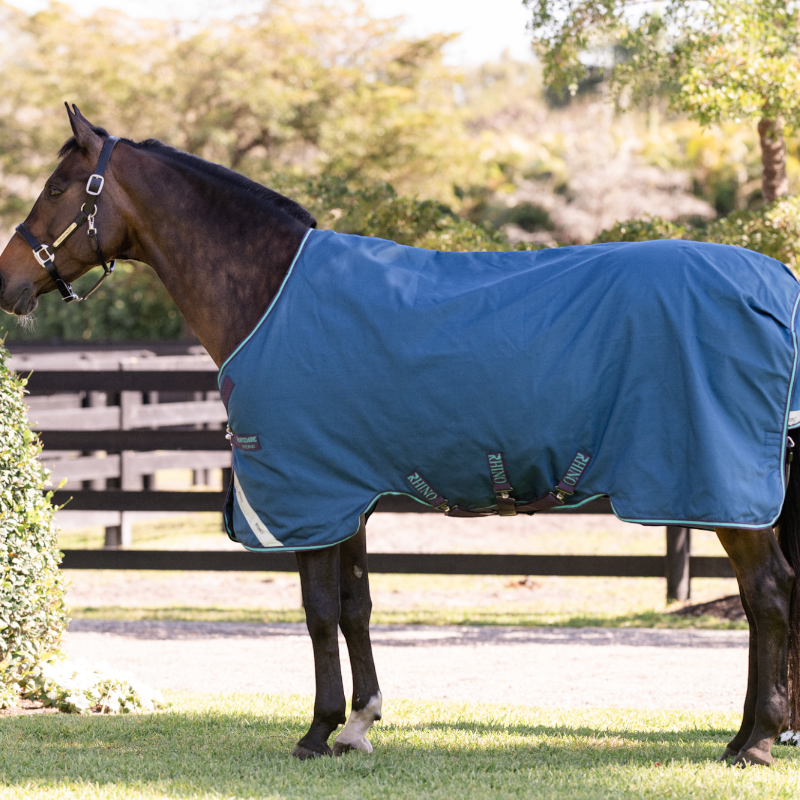 Horseware - Couverture d'extérieur Rhino Turnout marine/ gris/ aqua 100g | - Ohlala