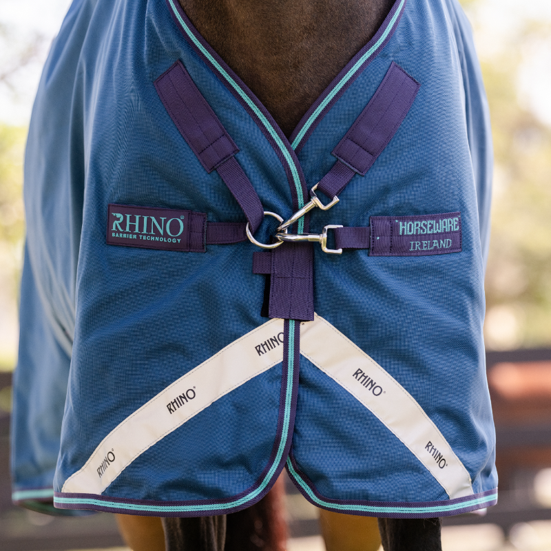 Horseware - Couverture d'extérieur Rhino Turnout marine/ gris/ aqua 100g | - Ohlala