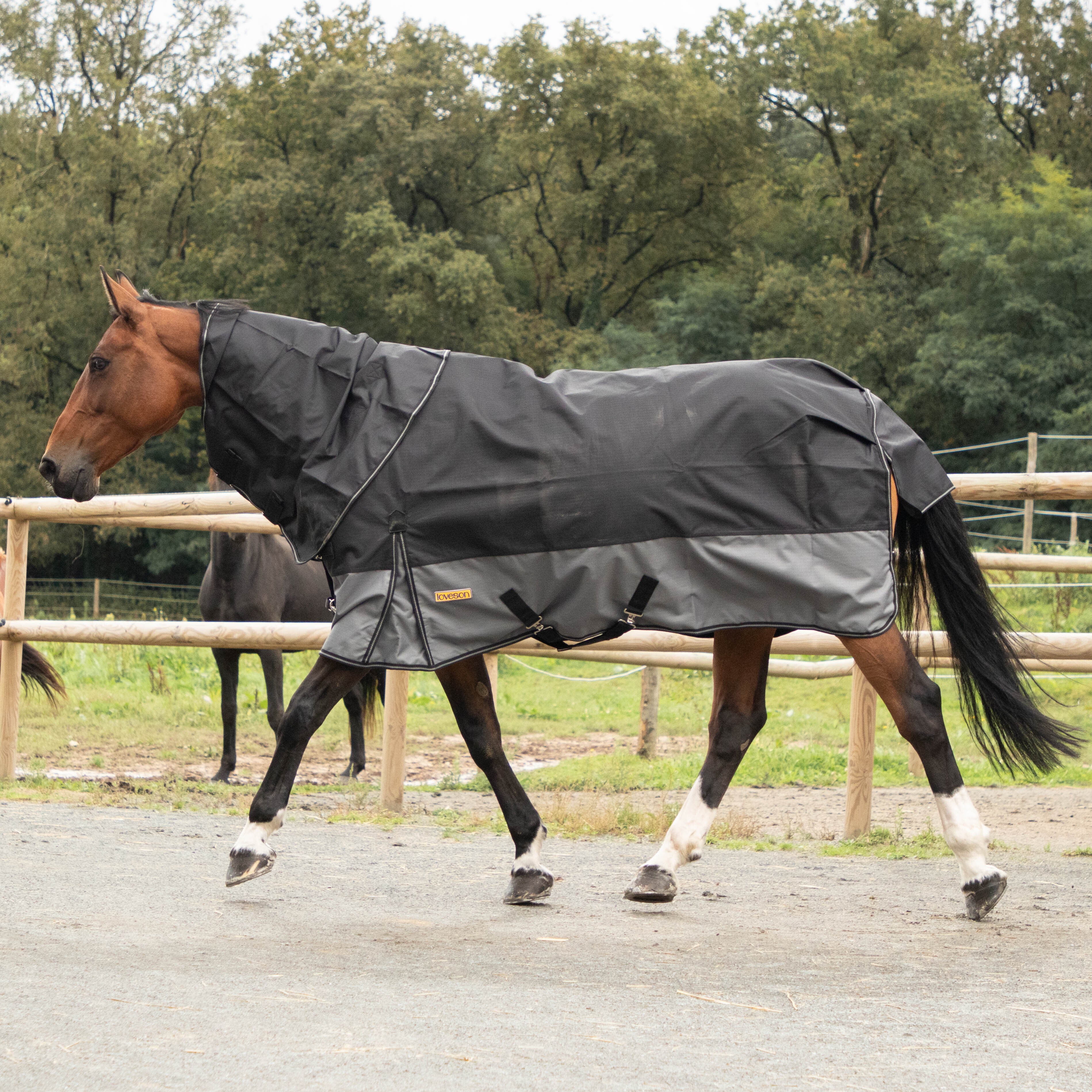 Loveson - Couverture d'extérieur Turnout Plus noir/ gris 300g | - Ohlala