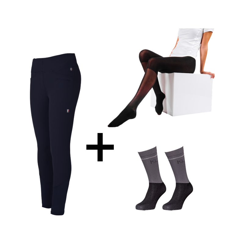 Kingsland - Pack Legging d'équitation femme KLKatja W E-Tec K-Grip marine + Collant thermique femme Smart Layer noir + Chaussettes d'équitation KLVidalia Show pack (x3) offerts | - Ohlala