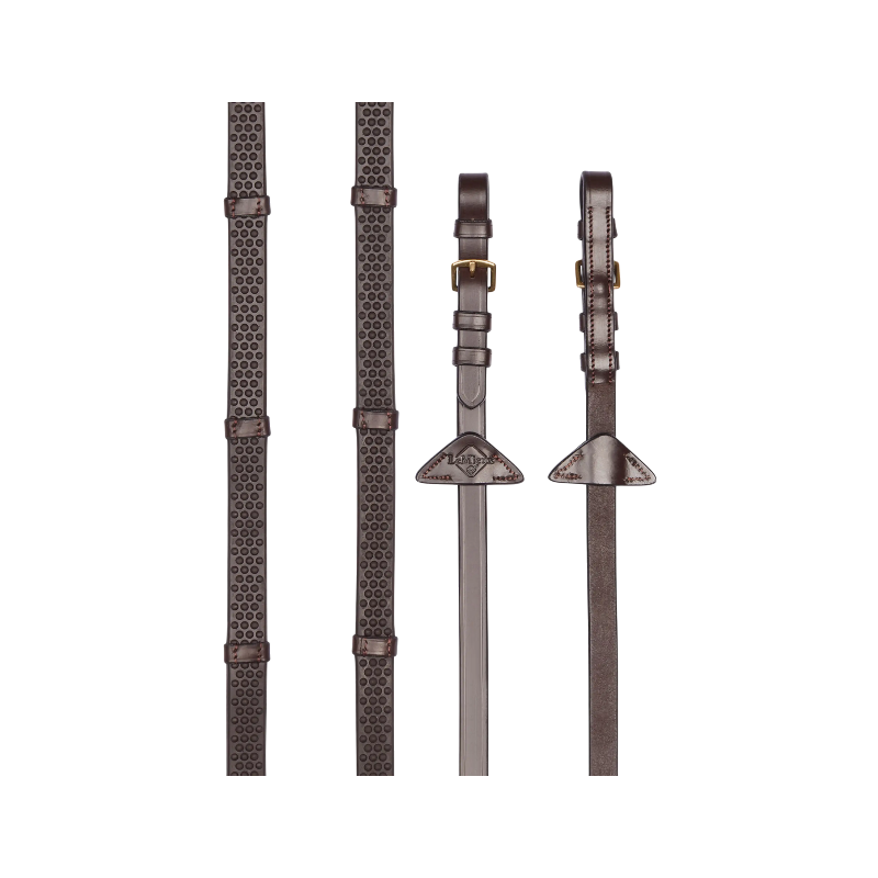 Lemieux - Rênes en caoutchouc souple avec arrêtoirs havane/ laiton | - Ohlala