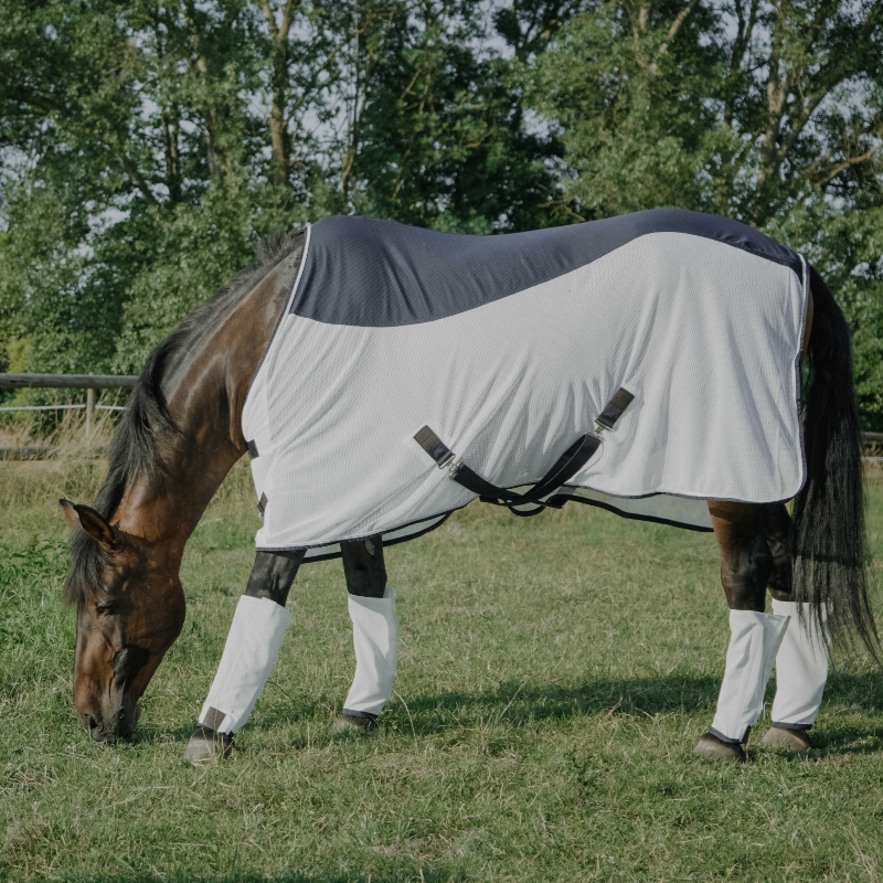 Equithème - Couverture anti-mouches Flycool marine/ blanc | - Ohlala