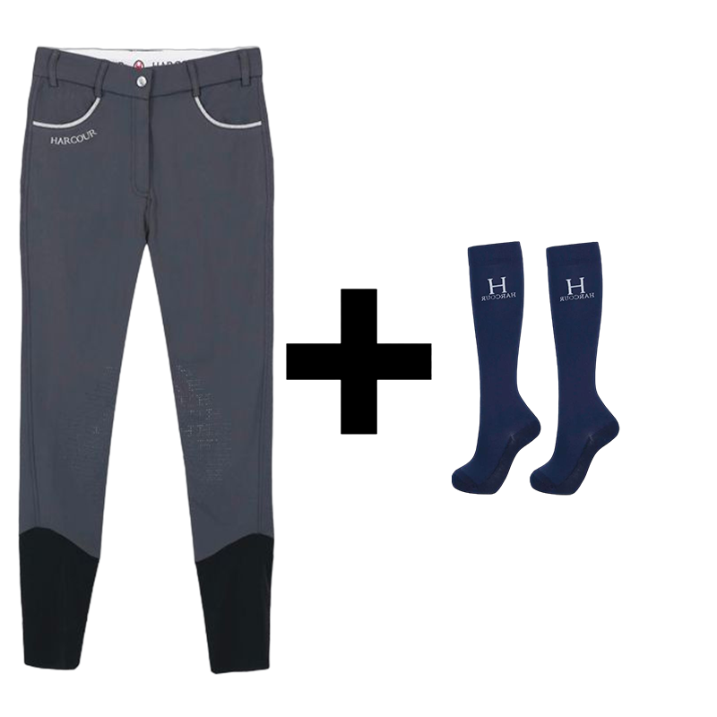 Harcour - Pack pantalon d'équitation femme Jaltika gris foncé + chaussettes d'équitation Hickstead marine