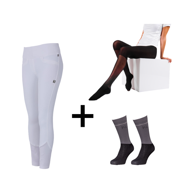 Kingsland - Pack Legging d'équitation femme KLKatja W E-Tec K-Grip blanc + Collant thermique femme Smart Layer noir + Chaussettes d'équitation KLVidalia Show pack (x3) offerts | - Ohlala