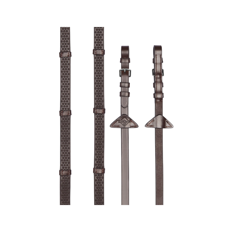 Lemieux - Rênes en caoutchouc souple avec arrêtoirs havane/ argent | - Ohlala