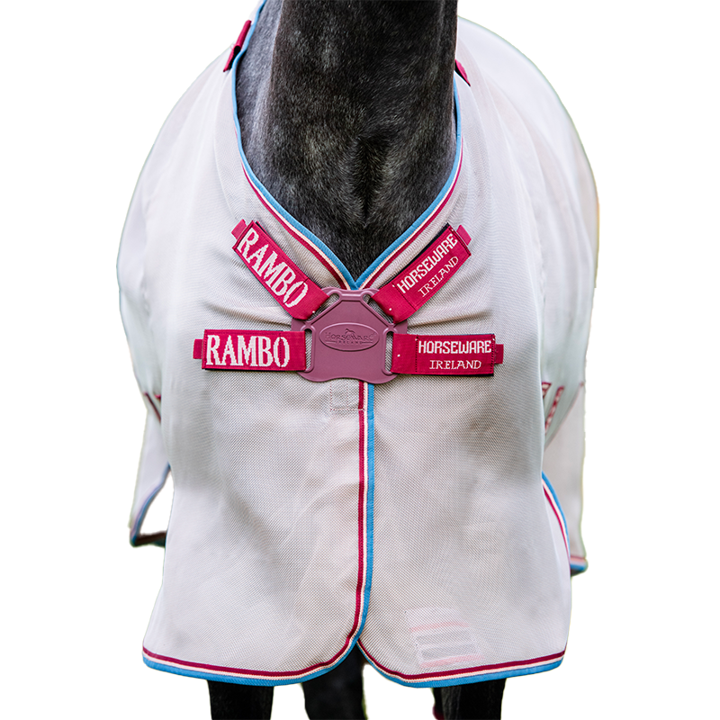 Horseware - Couverture d'extérieur anti-mouches Rambo Protector fermeture Disque avoine/ cerise/ pêche/ bleu | - Ohlala